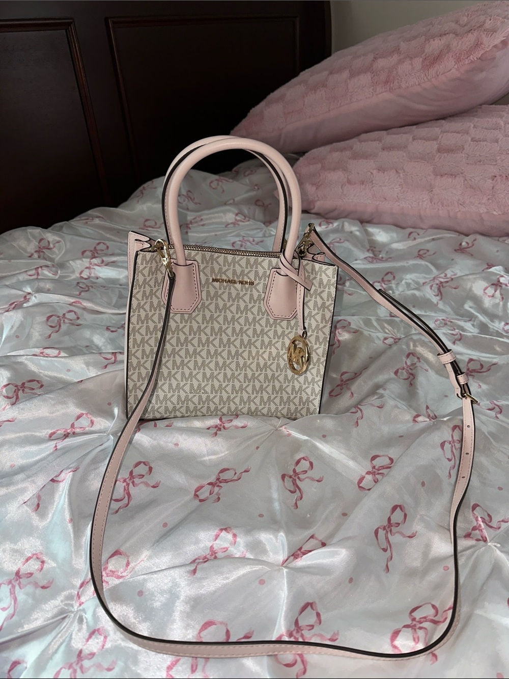 Michael Kors Pink and Beige Signature Mini Satchel with Crossbody Strap